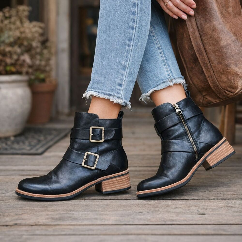 KORK-EASE Black Leather Moto Combat Strap Buckle Boots Shoes  Women's Size 8